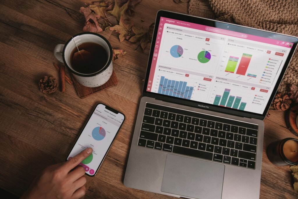 A business owner reviewing analytics on a laptop.